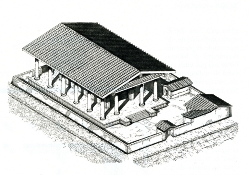 Disegno ricostruttivo del tempio di Tinia a Marzabotto (Paolo Baronio)