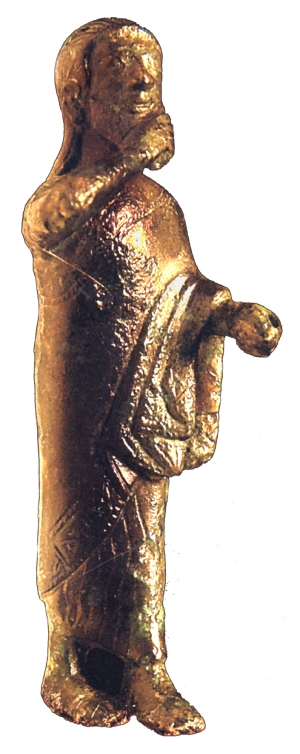 Statuetta in bronzo di personaggio maschile barbuto (Marzabotto, fine VI sec. a.C.) Il gesto con cui è ritratto appare distintivo di personaggi di particolare carisma, per rango e/o poteri oracolari e divinatori