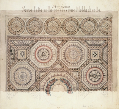 Ambiente 1) Disegno acquerellato ottocentesco del mosaico (Archivio MCAE Modena)