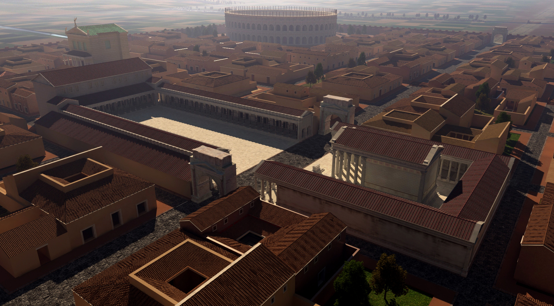 Ricostruzione virtuale di Mutina, con il Foro e, sullo sfondo, l'anfiteatro