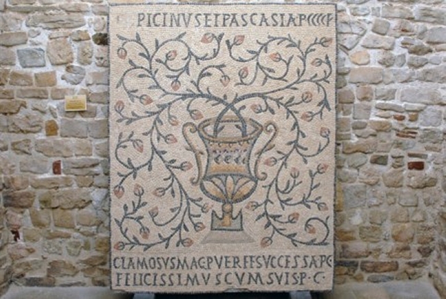 Mosaico con raffigurazione di kantaros a racemi floreali - Parenzo, Complesso della Basilica Eufrasiana