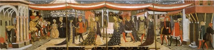 Corteo di nobili con le dame vestite sfarzosamente con pellicce e strascichi